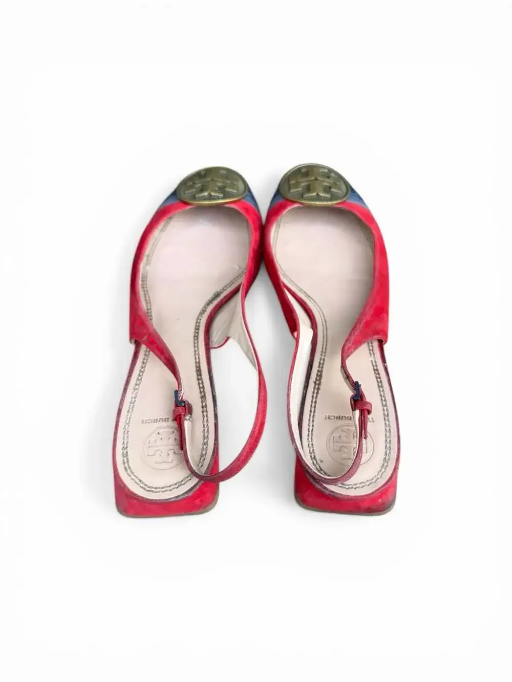 Tory Burch Alastair Slingback Flats Red Suede Navy Patent Cap Toe - Picture 4 of 5
